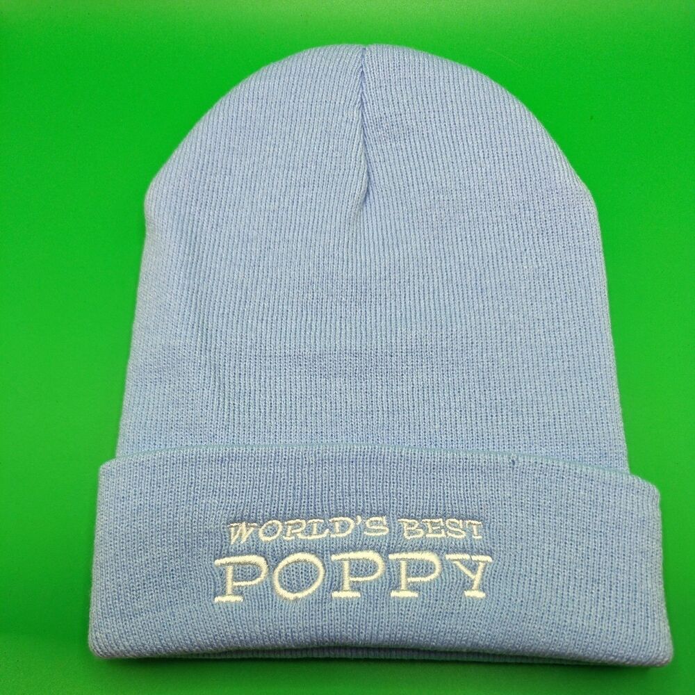 World's Best Poppy (Dad) Embroided Beanie (blue) As Seen In Photo